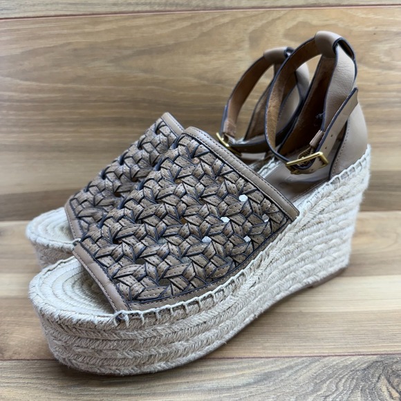 Tory Burch Shoes - Tory Burch Basketweave Platform Wedge Sandals 8 M Almond Flour Ankle Strap